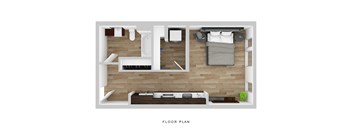 A floor plan of a small apartment with a bedroom, living room, and kitchen.
