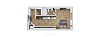 A floor plan of a room with a couch, chair, and a small table.