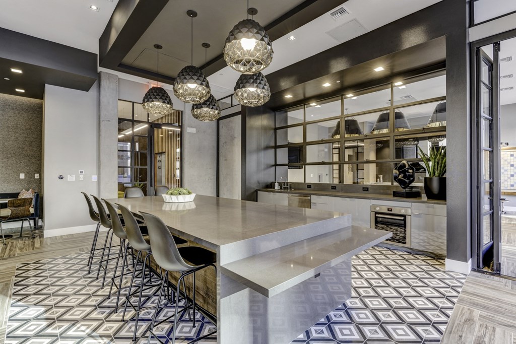 resident social lounge kitchen at Novo Apartments