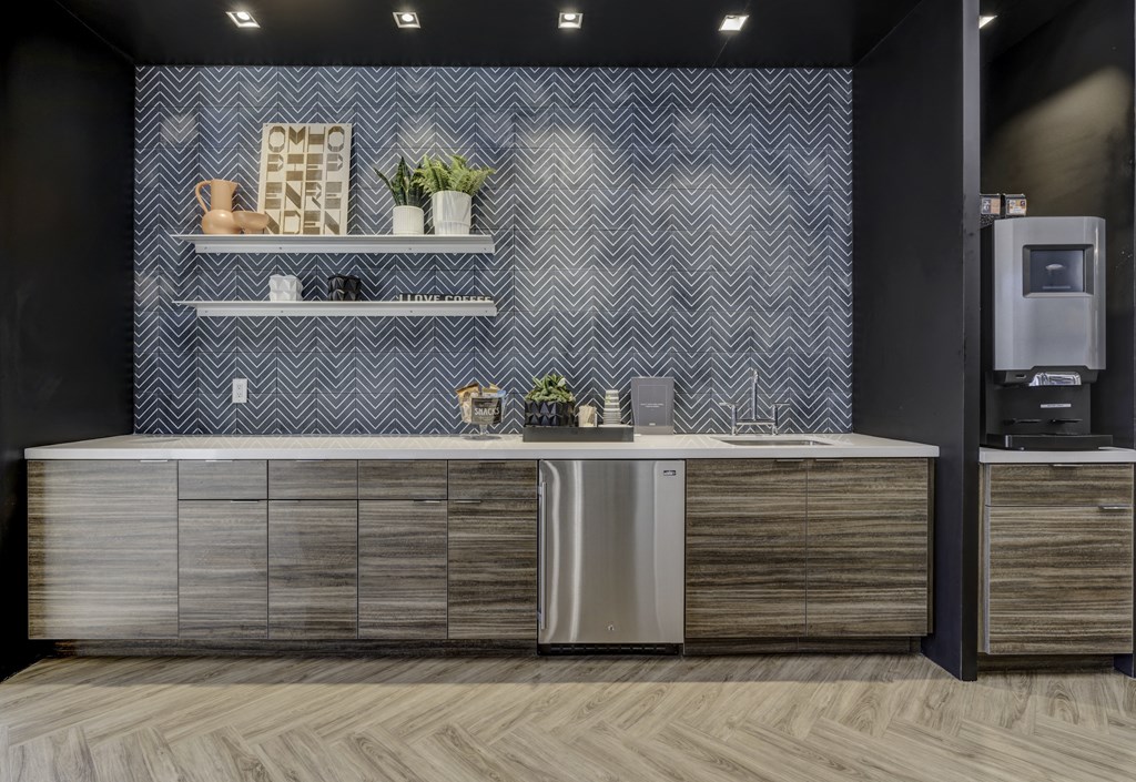 resident social lounge kitchen at Novo Apartments