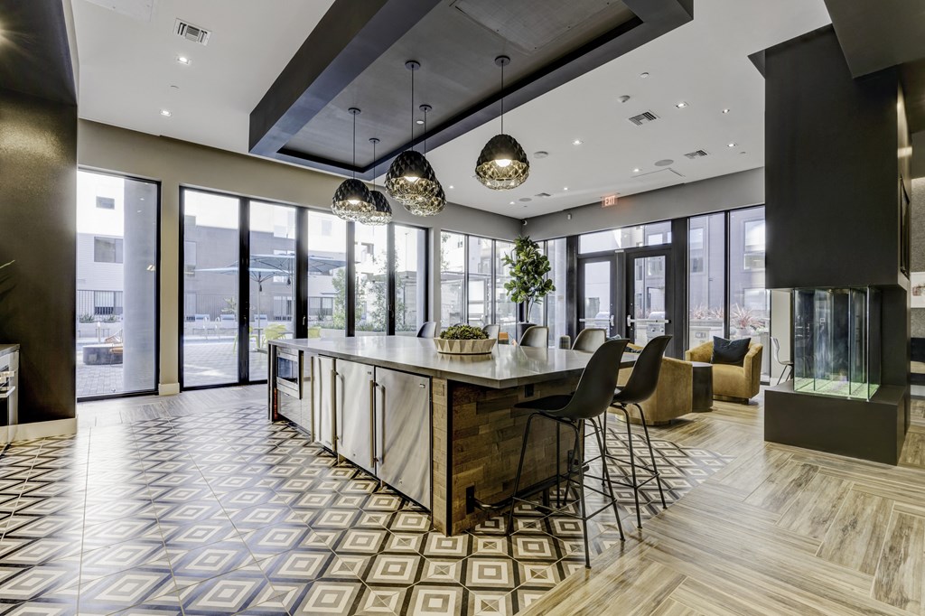 resident social lounge kitchen at Novo Apartments