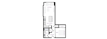 A floor plan of a small apartment with a living room, kitchen, bathroom, and bedroom.