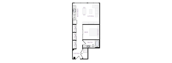 A floor plan of a small apartment with a kitchen, living room, bedroom, bathroom, and entry.