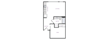 A floor plan of a small apartment with a living room, kitchen, bathroom, entry, and bed.