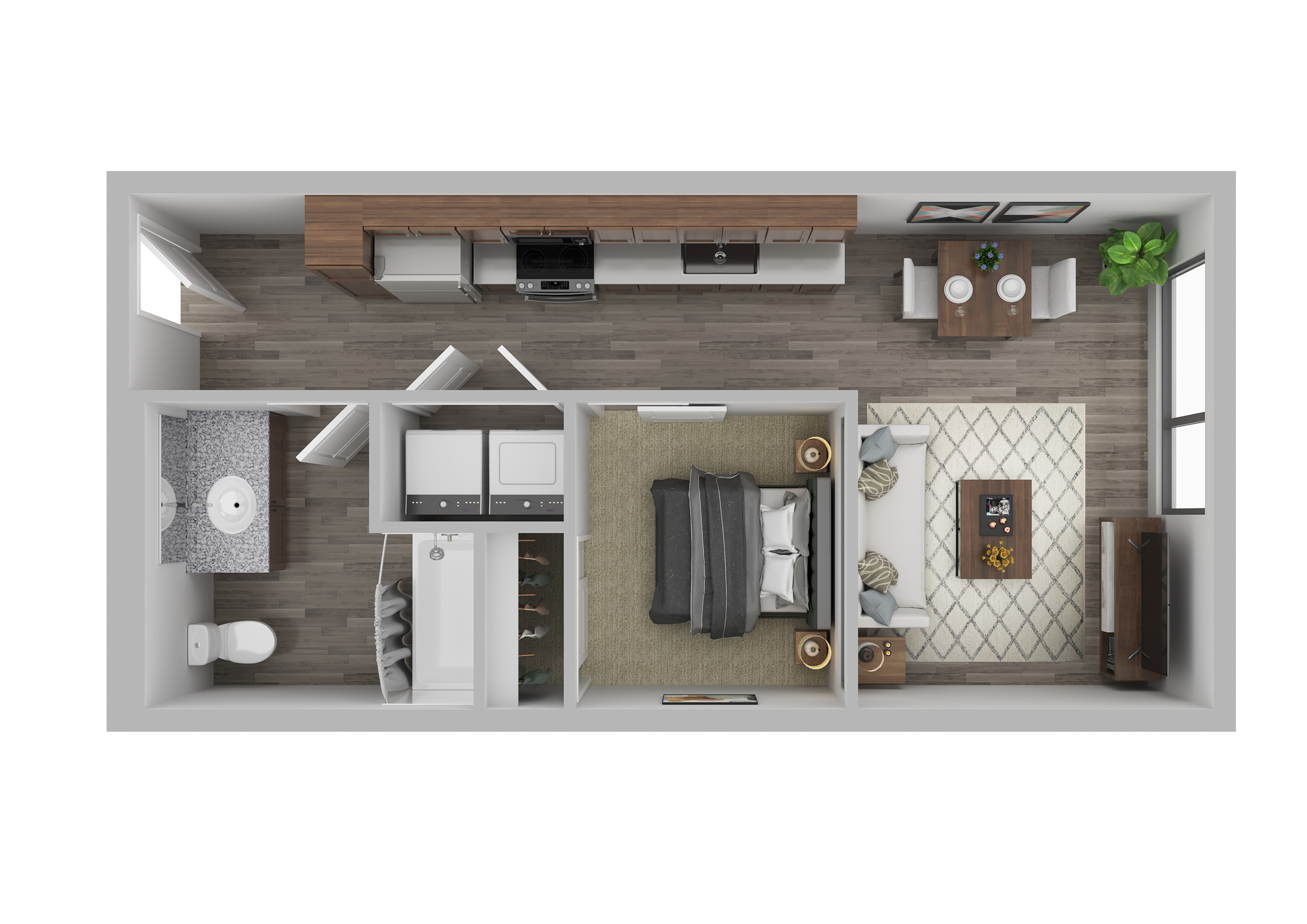 A top-down view of a small apartment with a kitchen, living room, and bathroom.