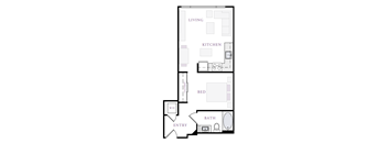 A floor plan of a small apartment with a living room, kitchen, bed, bath, and entry.