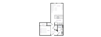 A floor plan of a small apartment with a living room, kitchen, bed, bath, and closet.