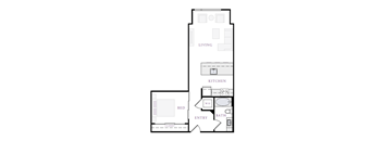 A floor plan of a small apartment with a bedroom, living room, kitchen, and bathroom.