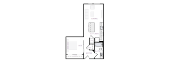 A floor plan of a small apartment with a bedroom, kitchen, and living room.