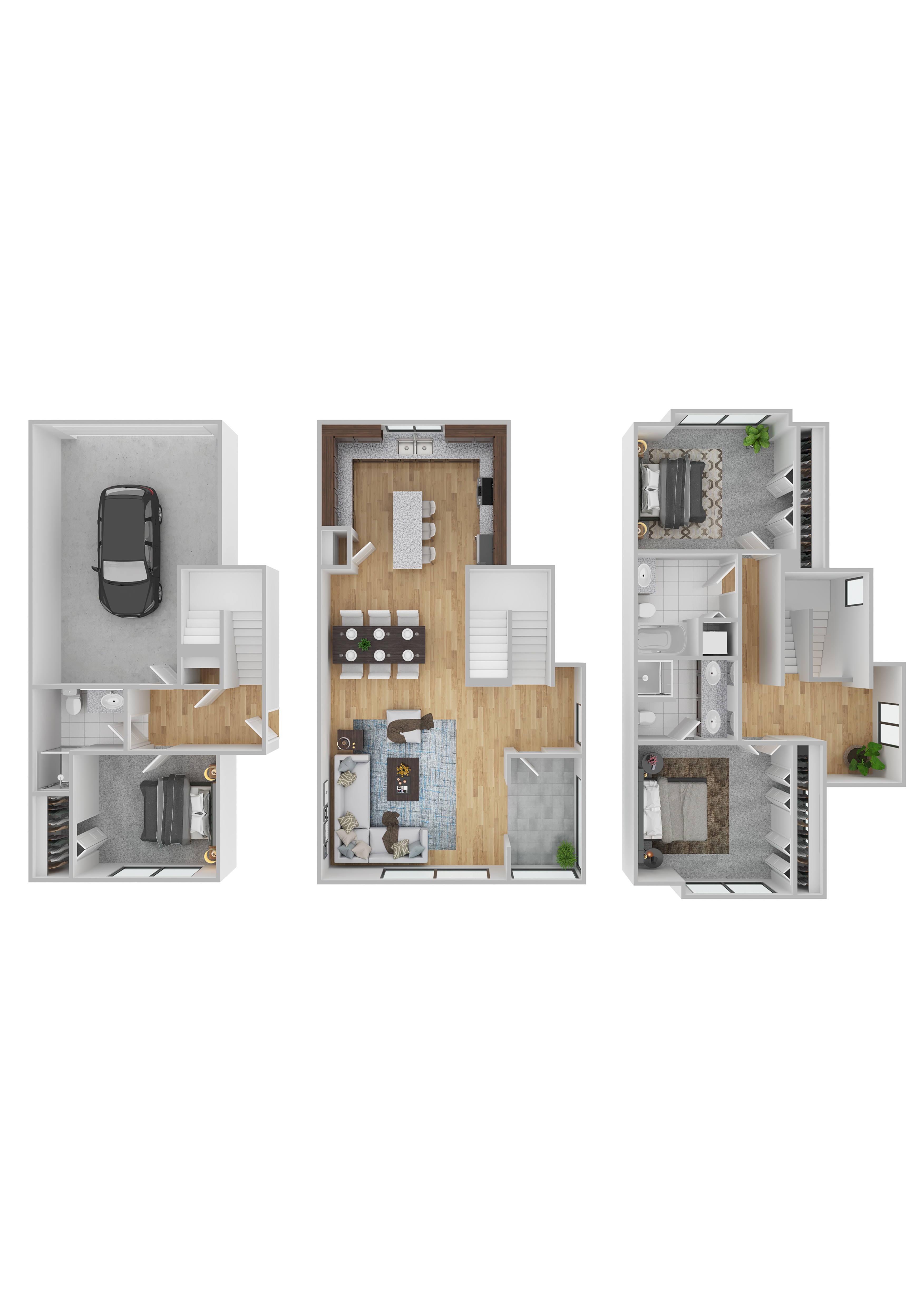 Three floor plans of a house with a garage, living room, and kitchen.