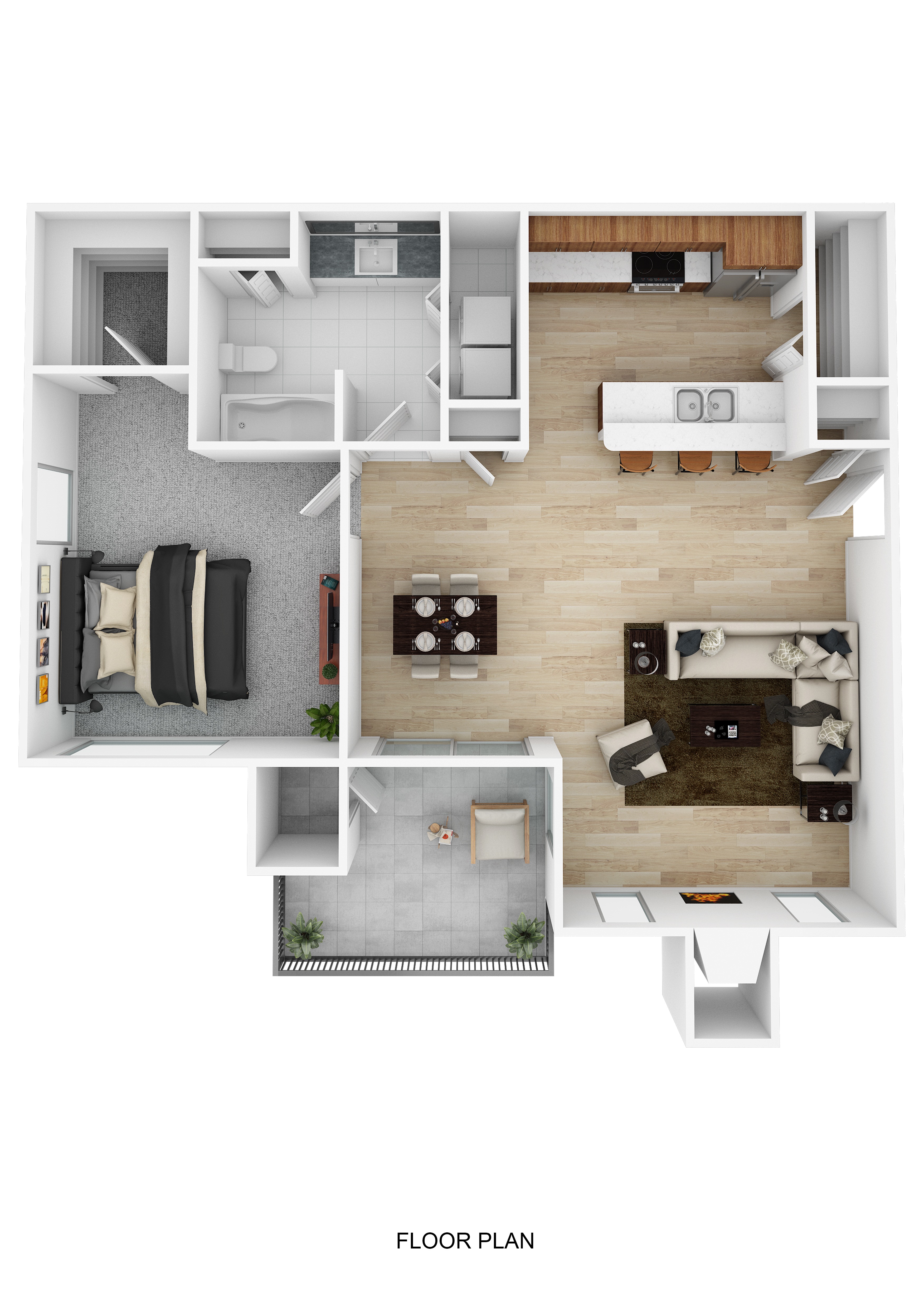 A floor plan of a small apartment with a living room, kitchen, and bathroom.