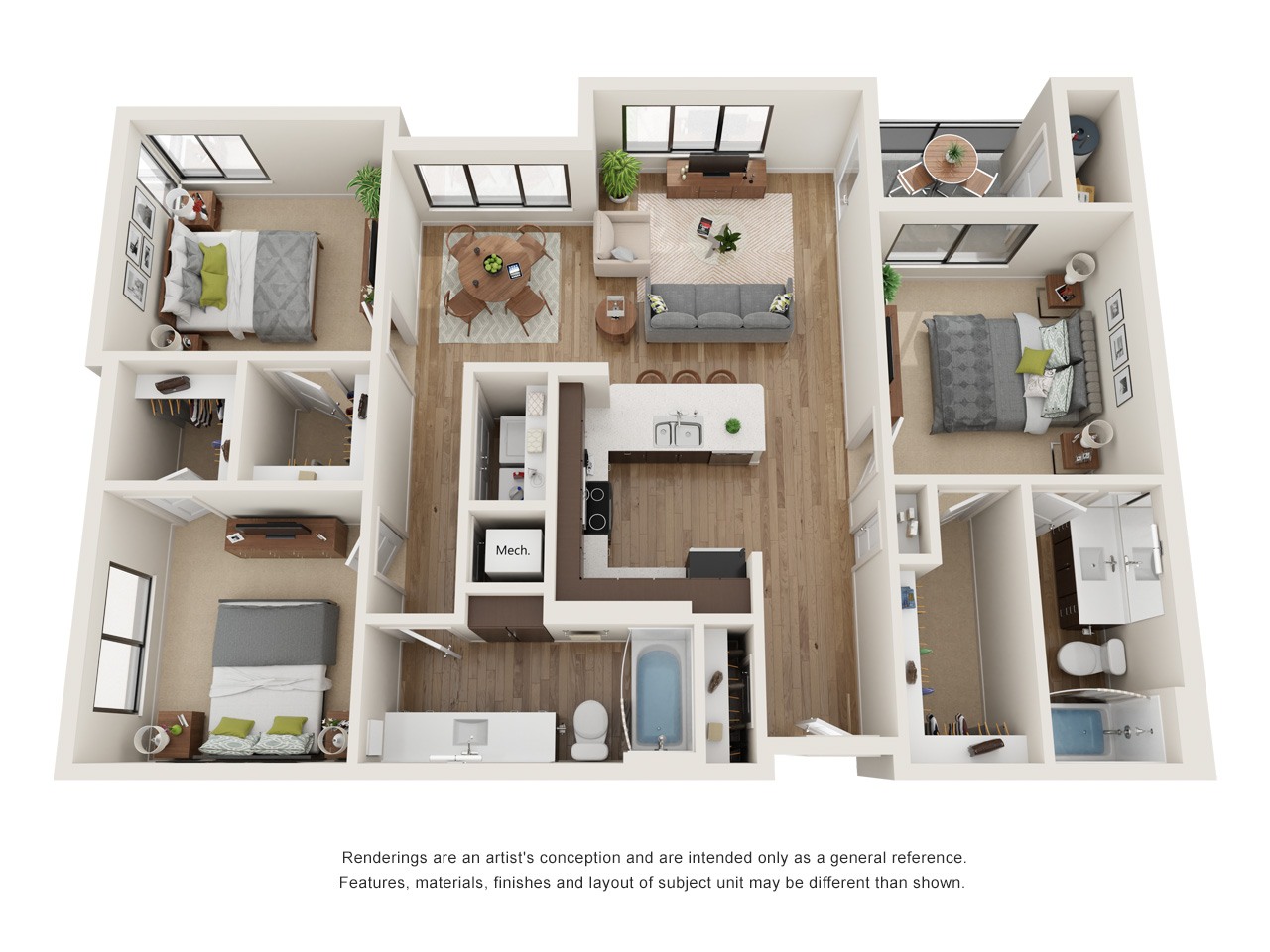 A 3D floor plan of a house with a kitchen, living room, and bathroom.
