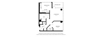A floor plan of a small apartment with a living room, dining room, kitchen, bathroom, entry and bedroom.
