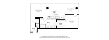 A black and white floor plan of a house with a living room, dining room, kitchen, bath, and bedroom.
