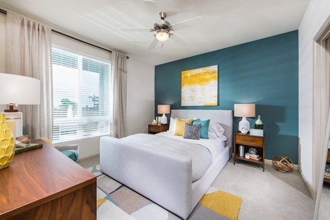 bedroom with white bed and large window