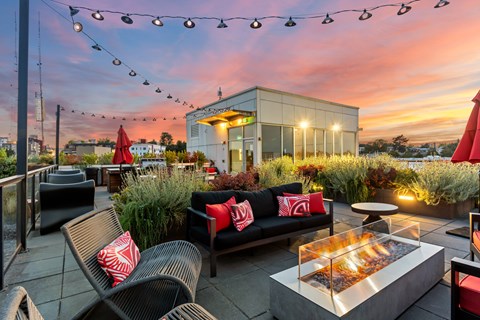 A patio with a fire pit and seating area.