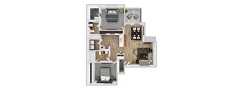 A 3D floor plan of a house with a living room, kitchen, and bedrooms.