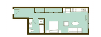 A floor plan of a house with a kitchen, living room, and bathroom.