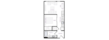 A floor plan of a small apartment with a living room, kitchen, bedroom, bathroom, and closet.