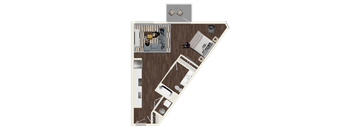 A floor plan of a house with a kitchen, living room, and two bedrooms.