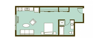 A floor plan of a room with a bed, a couch, a table, and a kitchenette.