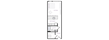 A floor plan of a living space with a kitchen and bathroom.