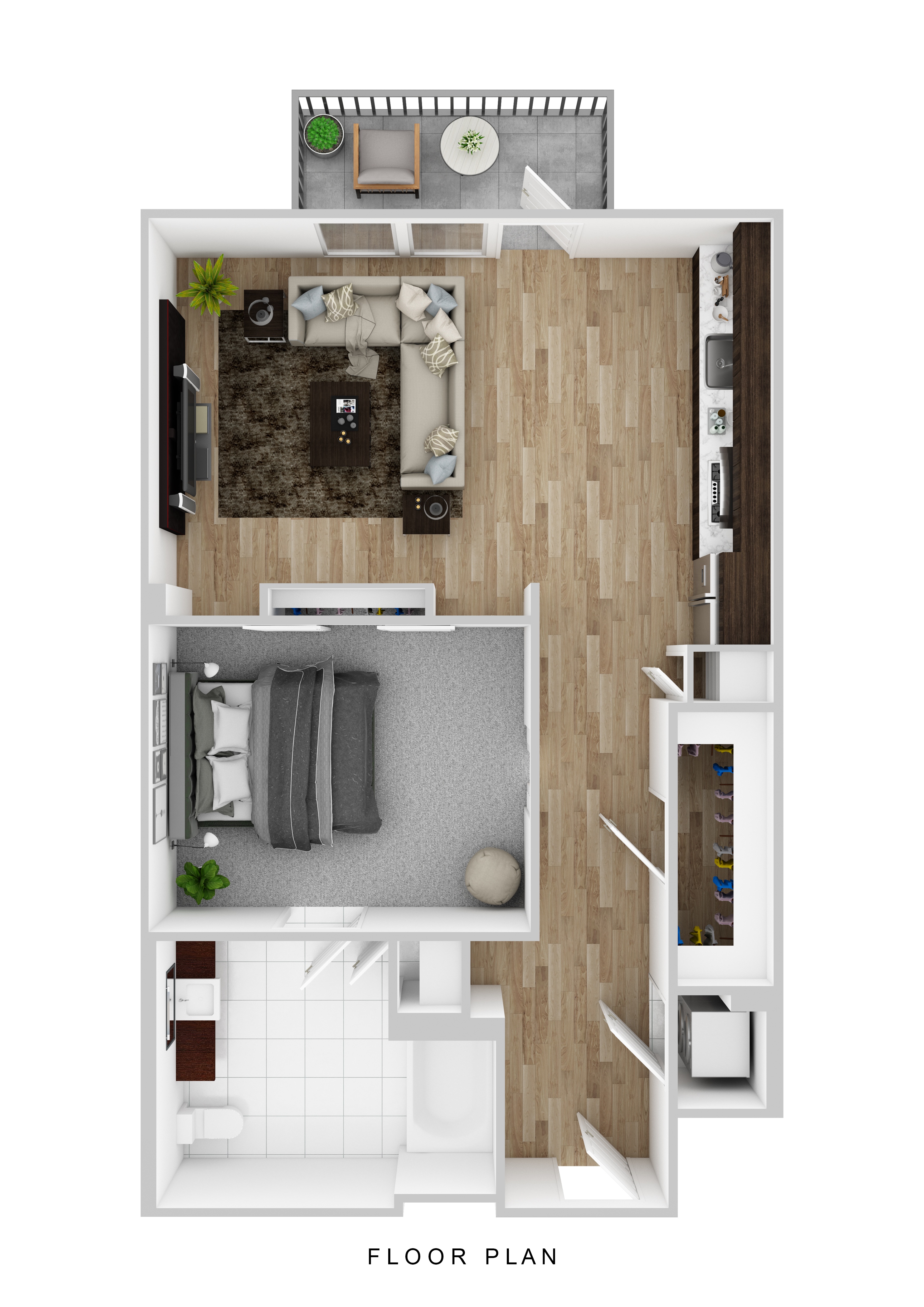 A floor plan of a small apartment with a living room, kitchen, and bathroom.