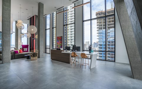 a view of the city from the social lounge