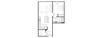 A floor plan of a small apartment with a living room, kitchen, bathroom, and bedroom.