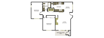 A floor plan of a home with a living room, dining room, kitchen, two bedrooms, a bathroom, and a laundry room.