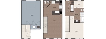 Three floor plans for a house with a park area, a kitchen, a dining area, and a living area.