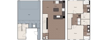 A floor plan of a house with a kitchen, dining area, and living room.