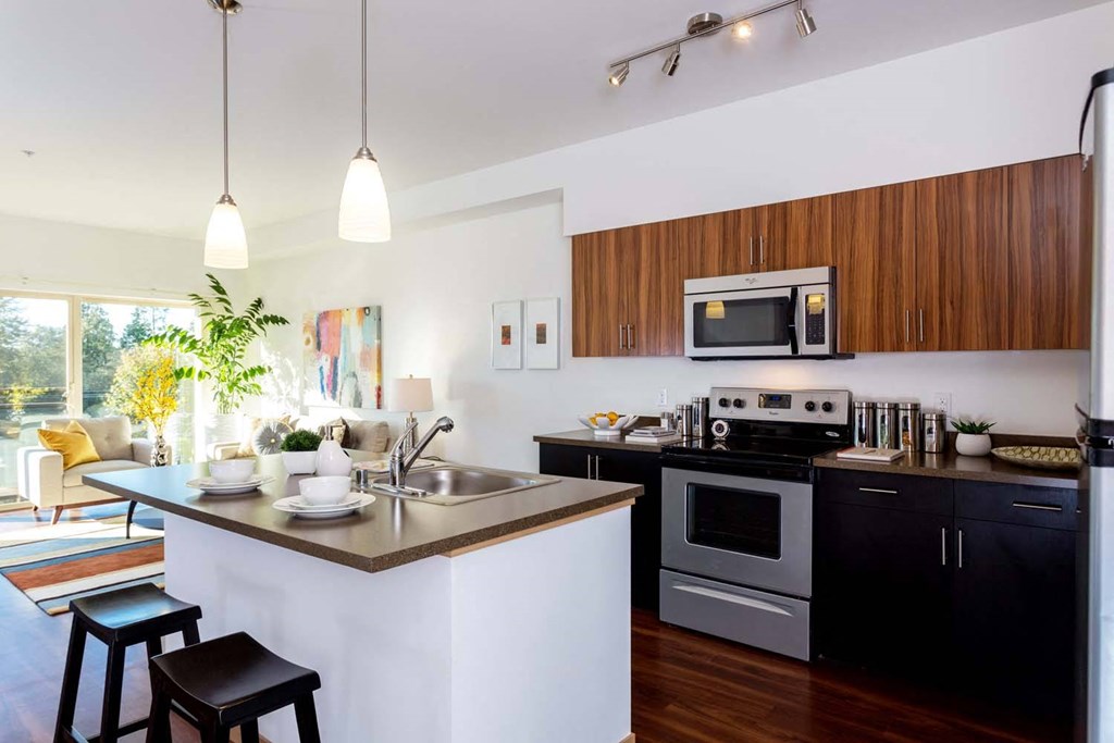 Gourmet Kitchen With Island at Tivalli Apartments, Lynnwood, Washington