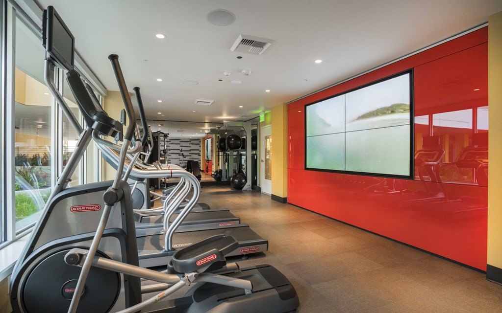 fitness center with cardio equipment and a large window