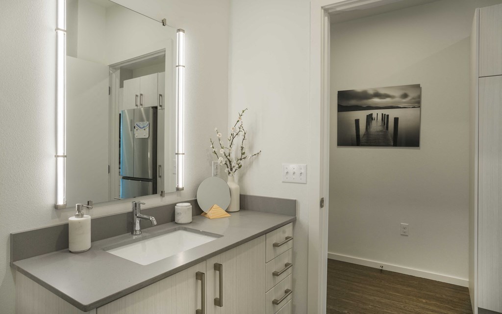 a bathroom with a large mirror and a sink