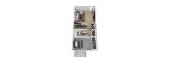 A top down view of a small apartment with a kitchen, living room, and bathroom.