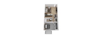 A top down view of a small apartment with a kitchen, living room, and bedroom.