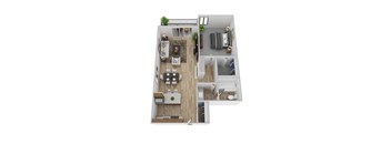 A top-down view of a modern apartment layout with a living room, dining area, kitchen, and bedrooms.