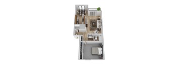 A top-down view of a modern apartment with a living room, kitchen, and bathroom.
