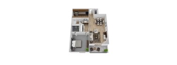 A 3D floor plan of a small apartment with a living room, kitchen, and bedroom.