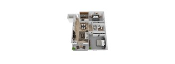 A top-down view of a modern apartment layout with a living room, kitchen, dining area, and bedrooms.