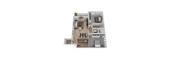 A top-down view of a small apartment with a kitchen, living room, and bedroom.