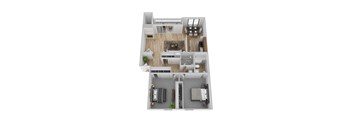 A top down view of a modern apartment with a living room, kitchen, and dining area.