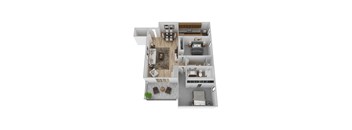 A 3D floor plan of a house with two bedrooms, a living room, a kitchen, and a bathroom.