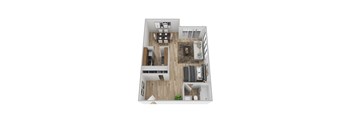 A top down view of a house interior with a living room, dining room, kitchen, and bedrooms.