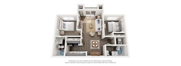 A 3D floor plan of a small apartment with two bedrooms, a living room, and a kitchen.