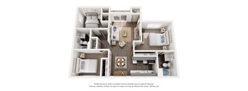 A 3D floor plan of a house with multiple bedrooms and bathrooms.