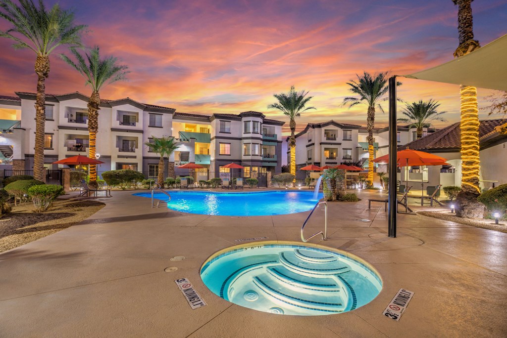 Pool at twilight at Tribeca North Apartment Homes