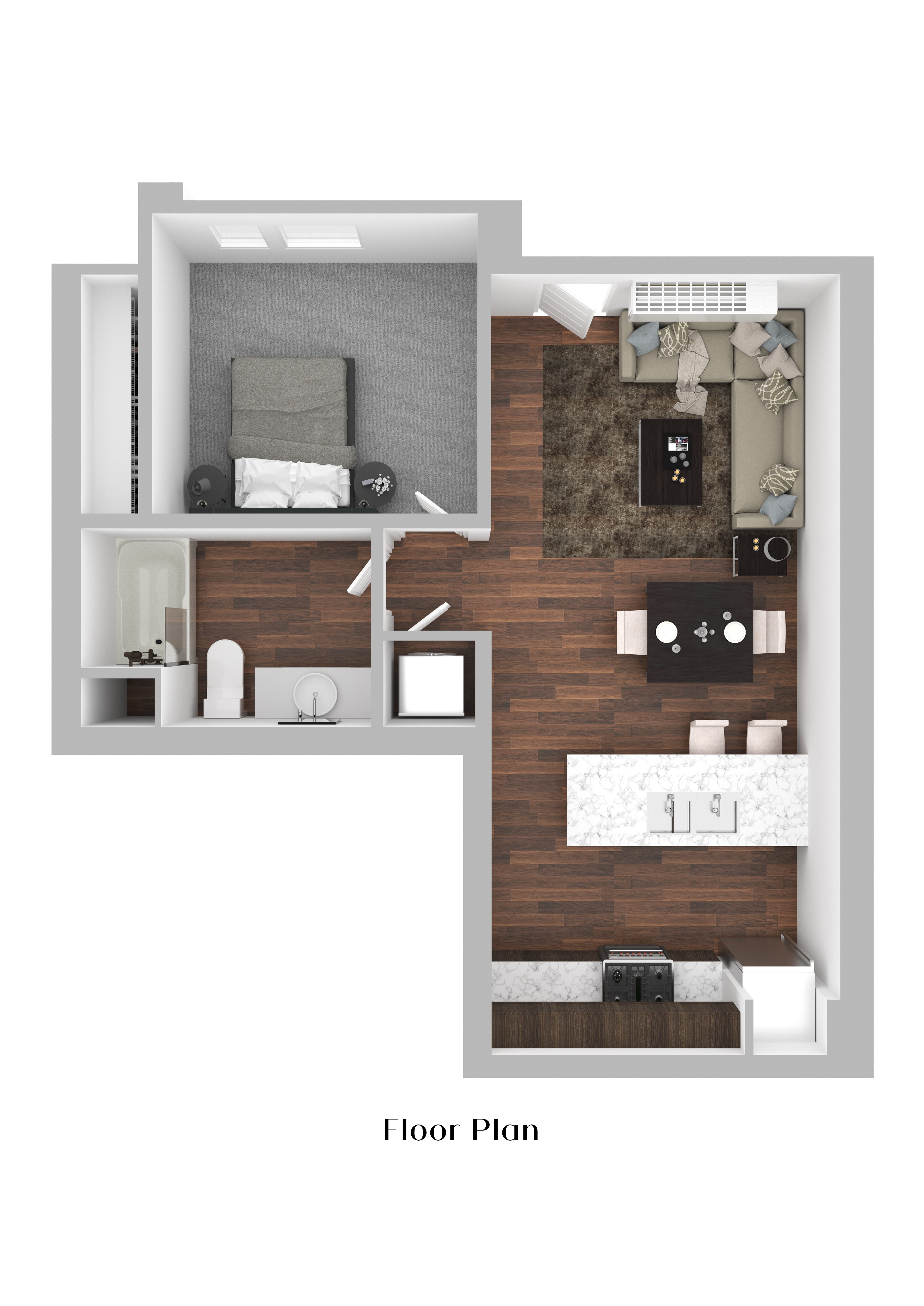 A floor plan of a room with a bed, a couch, a table, and a TV.