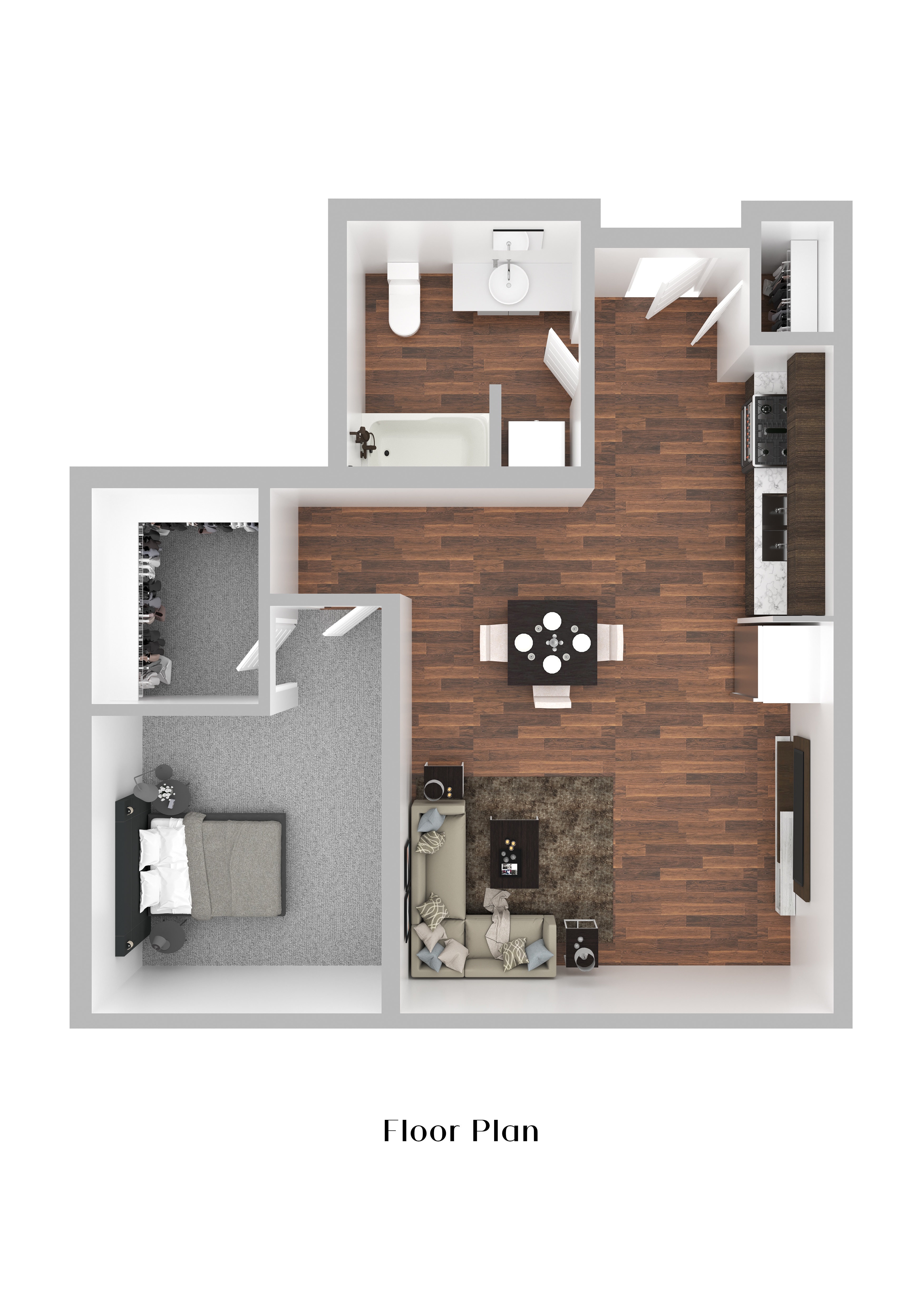 A floor plan of a house with a living room, kitchen, and bathroom.